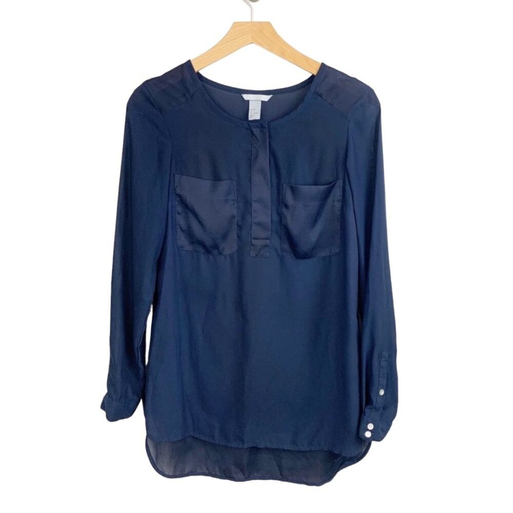 H&M Top Sz 4 Navy Blue Sheer Long Sleeved Tunic Shirt Minimalist Classic Pockets
